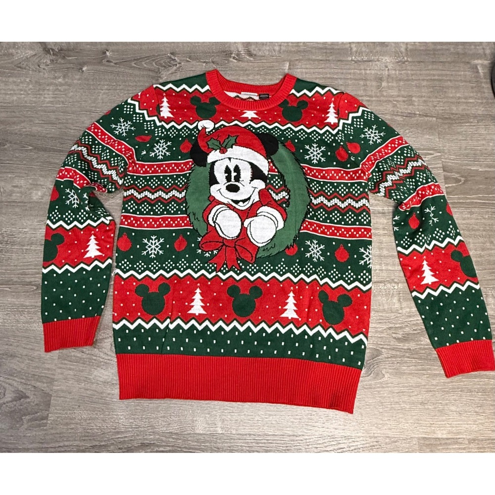 Disney Mickey Mouse Christmas Sweater Mens Large Red Green Wreath Fair Isle Knit